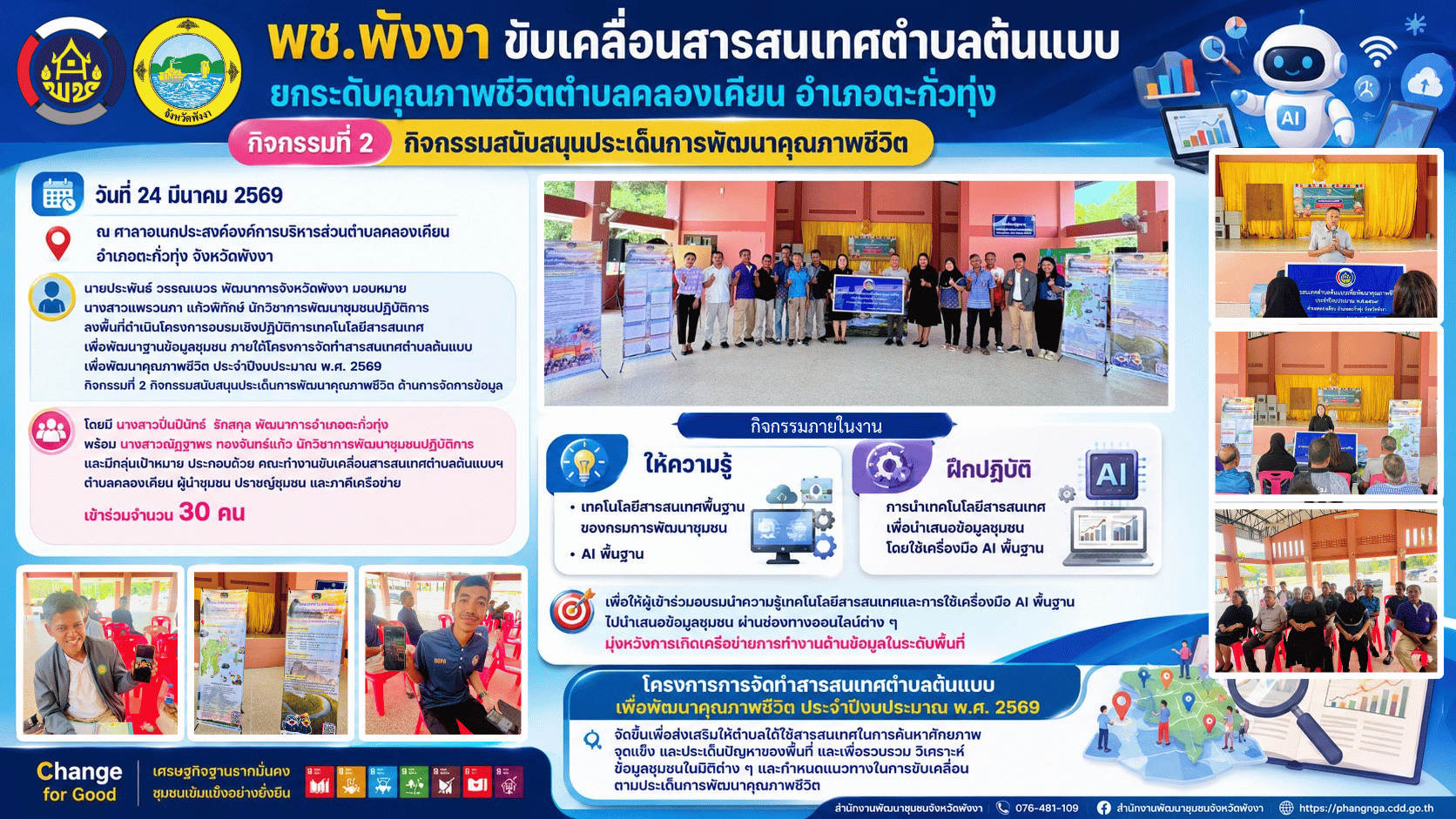 พช.พังงา ขับเคลื่อนสารสนเทศตำบลต้นแบบยกระดับคุณภาพชีวิตตำบลคลองเคียน อำเภอตะกั่วทุ่ง กิจกรรมที่ 2 กิจกรรมสนับสนุนประเด็นการพัฒนาคุณภาพชีวิต