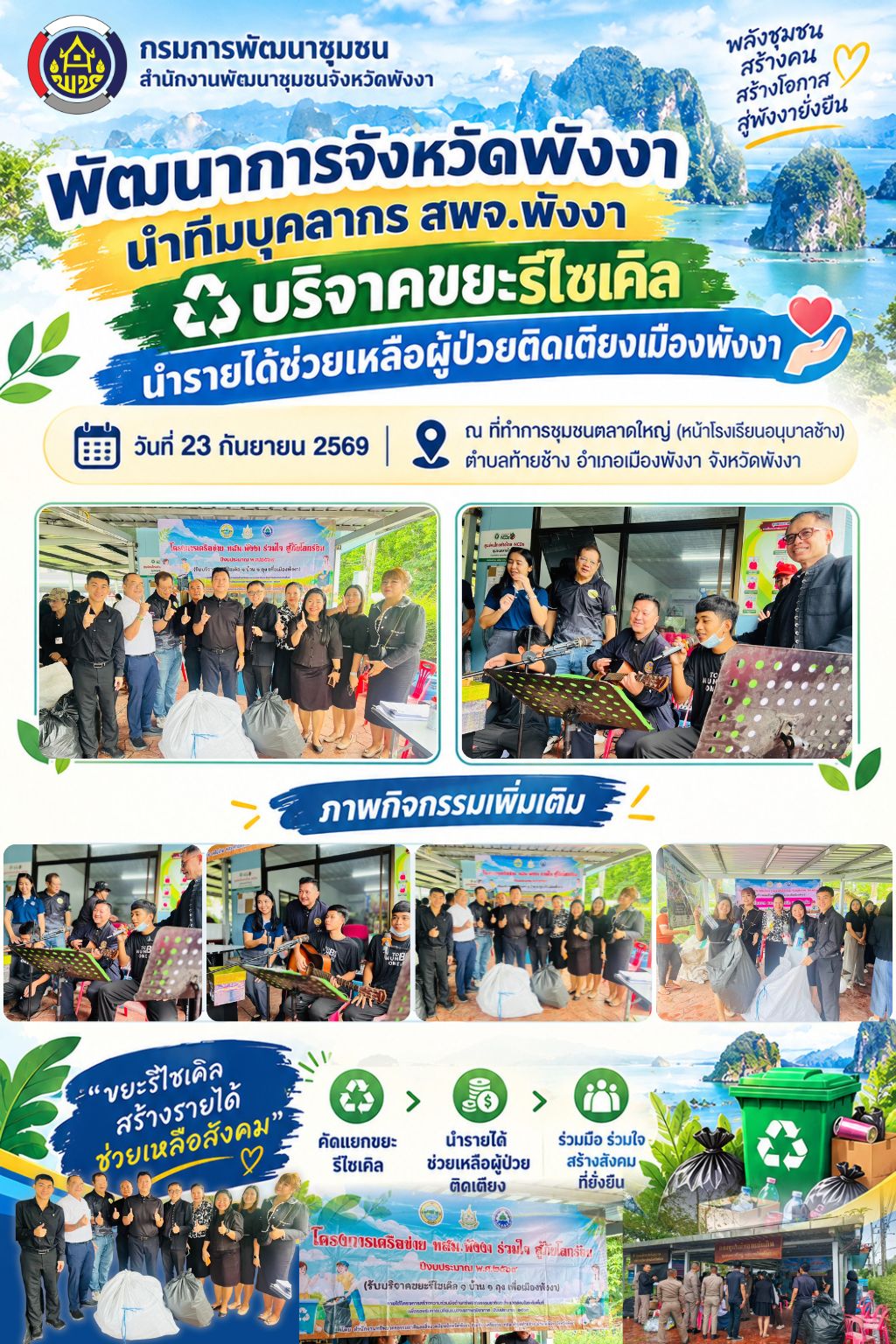 พัฒนาการจังหวัดพังงา นำทีมบุคลากร สพจ.พังงา บริจาคขยะรีไซเคิล นํารายได้ช่วยเหลือผู้ป่วยติดเตียงเมืองพังงา