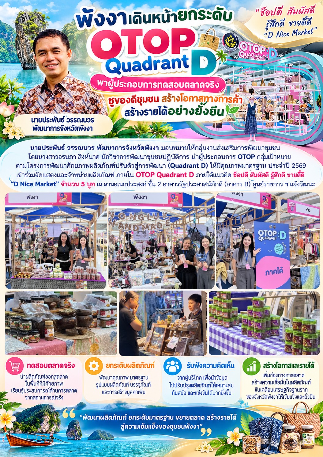 📣พังงาเดินหน้ายกระดับ OTOP Quadrant D พาผู้ประกอบการทดสอบตลาดจริง ชูของดีชุมชน สร้างโอกาสทางการค้าสร้างรายได้อย่างยั่งยืน